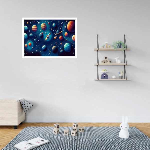 Quadro Decorativo Foguete Espaço  - 50x70cm Moldura Branca