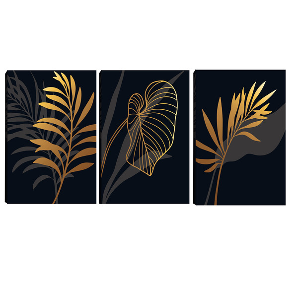 Quadro Decorativo Folhas Douradas E Preto Ii 70x150 Trio
