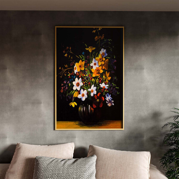 Quadro Decorativo Folhas E Flores Sobre A Mesa Com Moldura Do