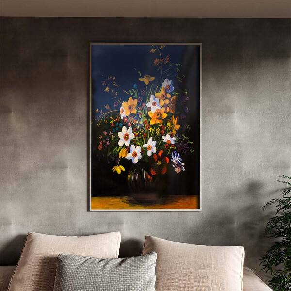 Quadro Decorativo Folhas E Flores Sobre A Mesa Com Moldura E