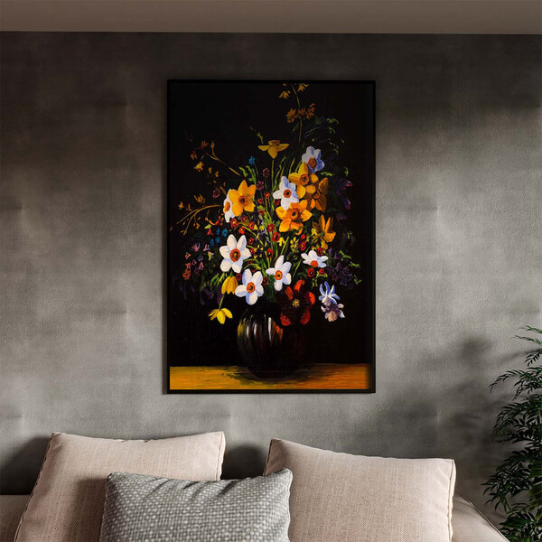 Quadro Decorativo Folhas E Flores Sobre A Mesa Com Moldura Pr