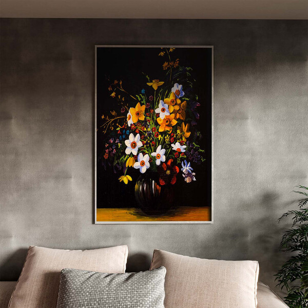 Quadro Decorativo Folhas E Flores Sobre A Mesa Com Moldura Pr