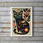 Quadro Decorativo Folk Art Gato floral 33x24cm - Com Vidro Mo