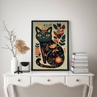 Quadro Decorativo Folk Art Gato floral 45x34cm - Com Vidro Mo