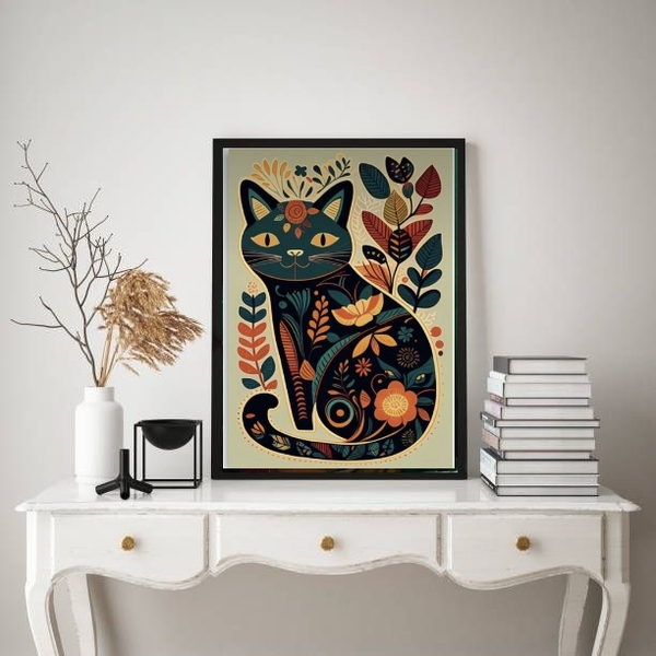 Quadro Decorativo Folk Art Gato floral 45x34cm - Com Vidro Mo