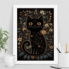 Quadro Decorativo Folk Arte Gato preto 45x34cm - Com Vidro Mo