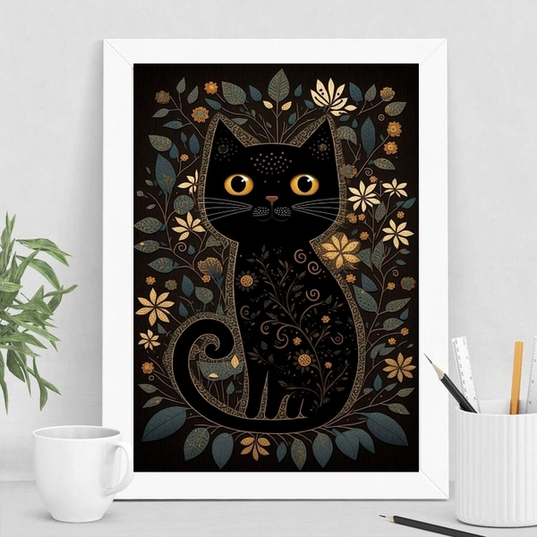 Quadro Decorativo Folk Arte Gato preto 45x34cm Moldura:madeir