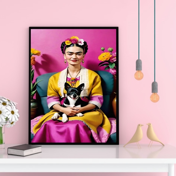 Quadro Decorativo Frida Com Cachorrinho 33x24cm Moldura Branca