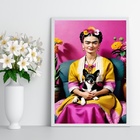 Quadro Decorativo Frida Com Cachorrinho 45x34cm Moldura Branca