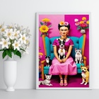 Quadro Decorativo Frida Com Cães E Gatos 33x24cm Moldura Preta