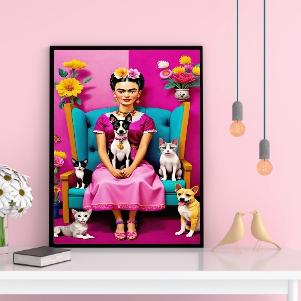 Quadro Decorativo Frida Com Cães E Gatos 45x34cm Moldura Bran