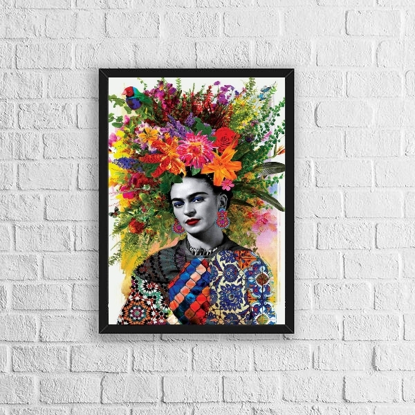 Quadro Decorativo Frida Com Flores 45x34cm - Com Vidro Moldur