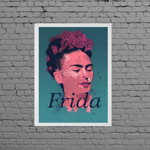Quadro Decorativo Frida Rosa E Azul 24x18cm Moldura:madeira P