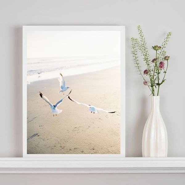 Quadro Decorativo Gaivotas Voando Na Praia 33x24cm Moldura:ma