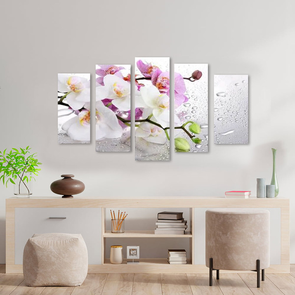 Quadro Decorativo Galho De Orquídea 5 Peças Para Sala