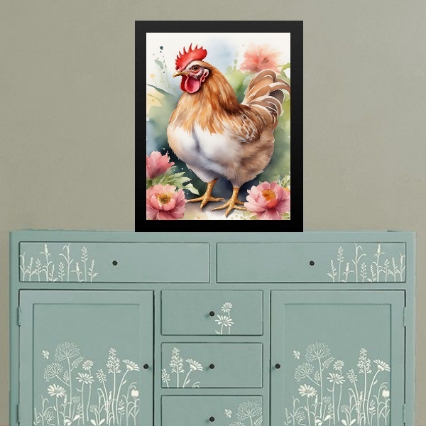 Quadro Decorativo Galinha - Aquarela 24x18cm - Com Vidro Mold