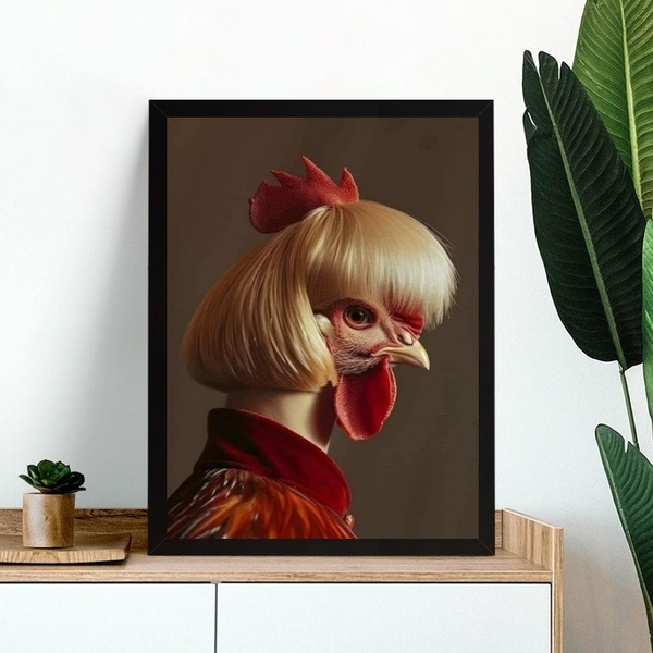 Quadro Decorativo Galinha Disfarçada 33x24cm Moldura Branca