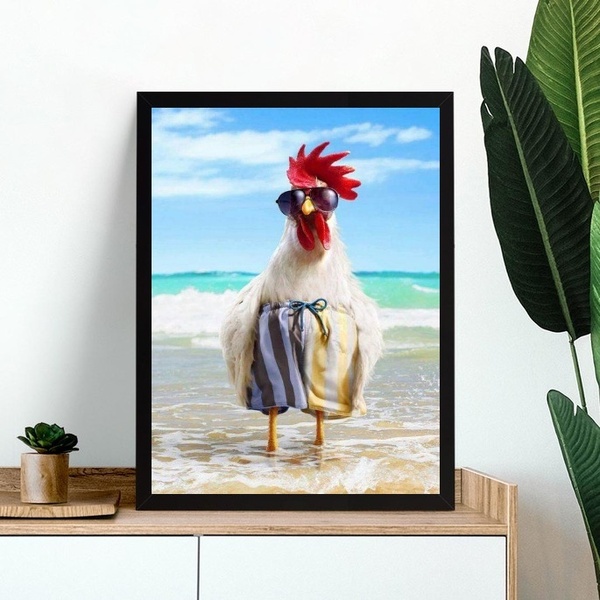 Quadro Decorativo Galo Na Praia 33x24cm Moldura Branca