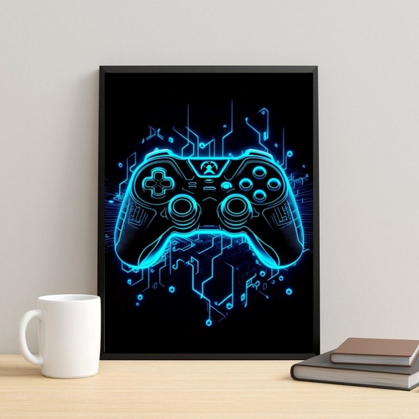 Quadro Decorativo Gamer Azul Neon 45x34cm - Com Vidro Moldura