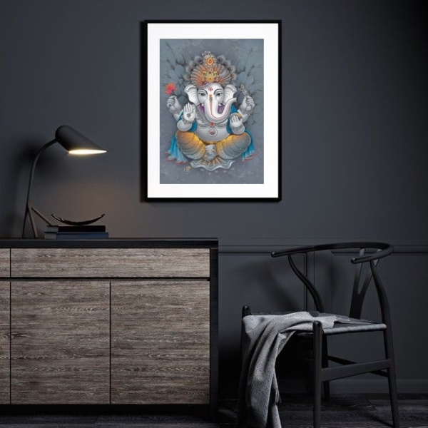 Quadro Decorativo Ganesha Fundo Cinza - 60x48cm Moldura:madei