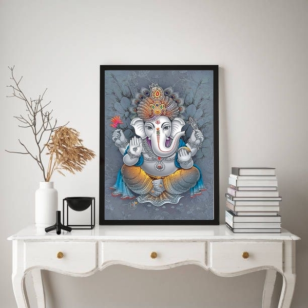 Quadro Decorativo Ganesha Fundo cinza 33x24cm Moldura:madeira