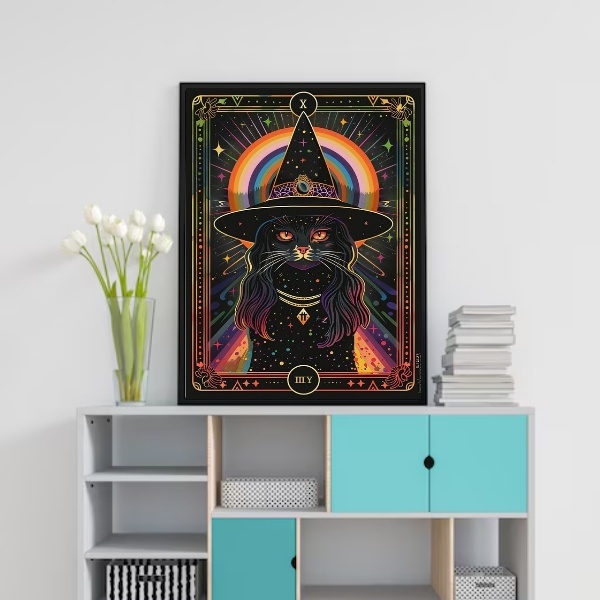 Quadro Decorativo Gata Bruxa 45x34cm Moldura Preta