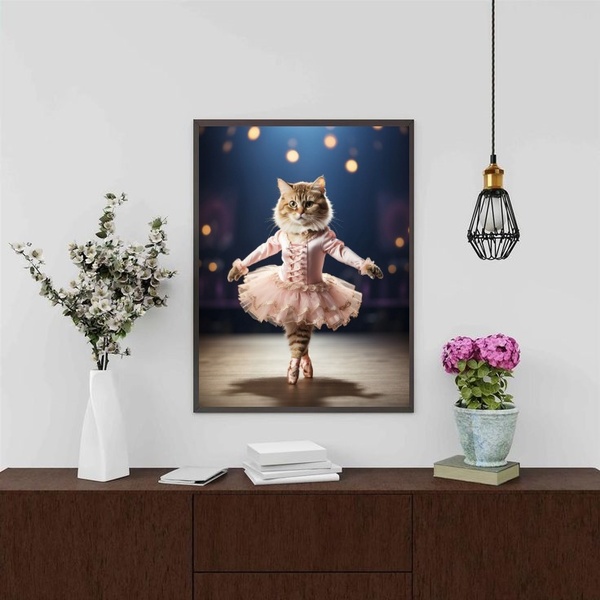 Quadro Decorativo Gatinha Bailarina 45x34cm - Com Vidro Moldu