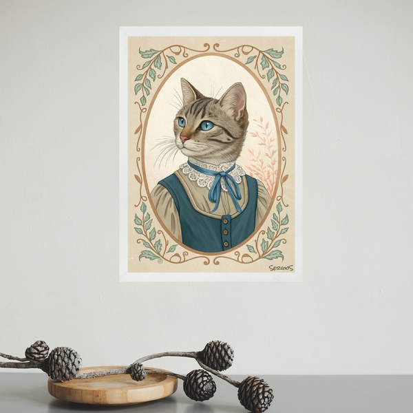 Quadro Decorativo Gatinha Clássico Vintage 33x24cm - Com Vidr