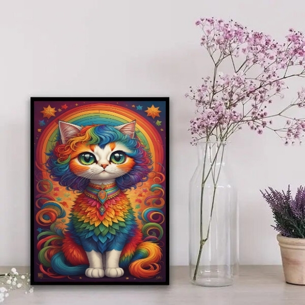 Quadro Decorativo Gatinha Colorida 45x34cm Moldura:madeira Br