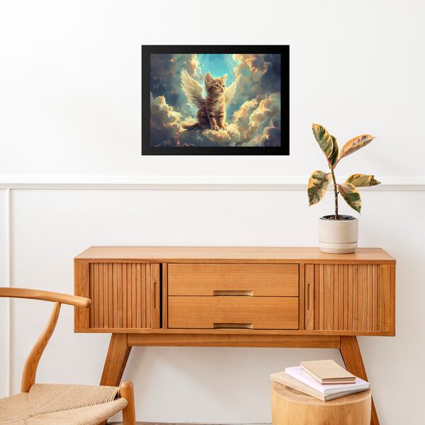 Quadro Decorativo Gatinho Anjo 45x34cm - Com Vidro Moldura Pr
