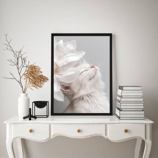 Quadro Decorativo Gatinho Branco Flor Branca 45x34cm - Com Vi