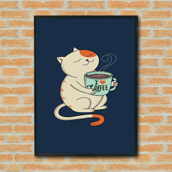 Quadro Decorativo Gatinho Coffee  - 70x50cm Moldura Preta
