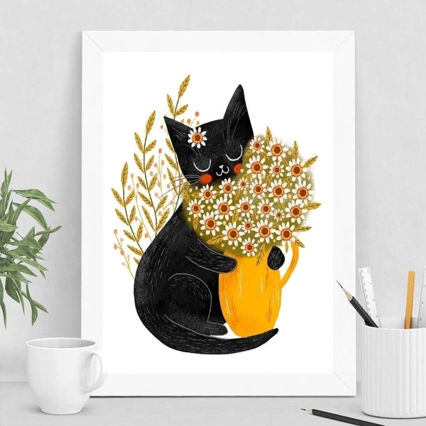 Quadro Decorativo Gatinho Com Margaridas 24x18cm - Com Vidro