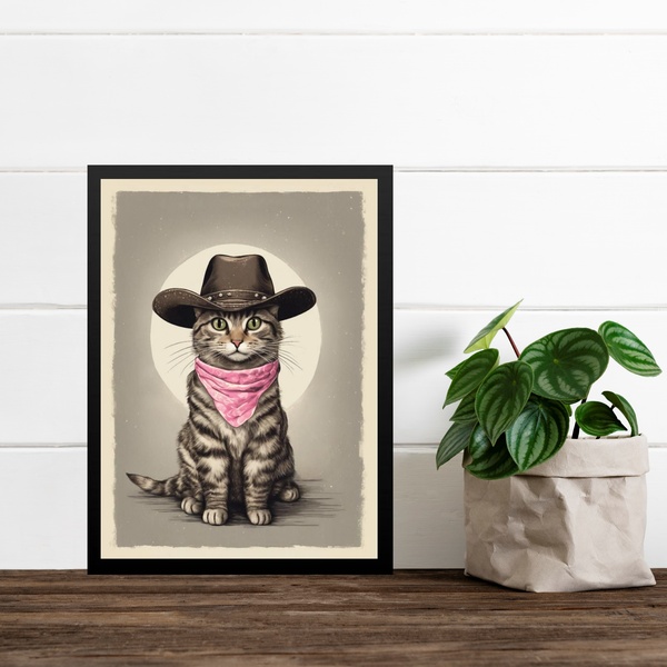 Quadro Decorativo Gatinho Cowboy 24x18cm - Com Vidro Moldura