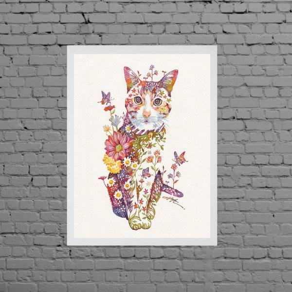 Quadro Decorativo Gatinho Floral 24x18cm Moldura:madeira Preta