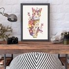 Quadro Decorativo Gatinho Floral 45x34cm Moldura:madeira Preta