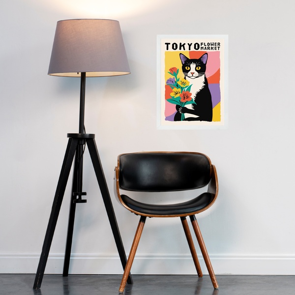 Quadro Decorativo Gatinho Flower Market Tokio 24x18cm - Com V