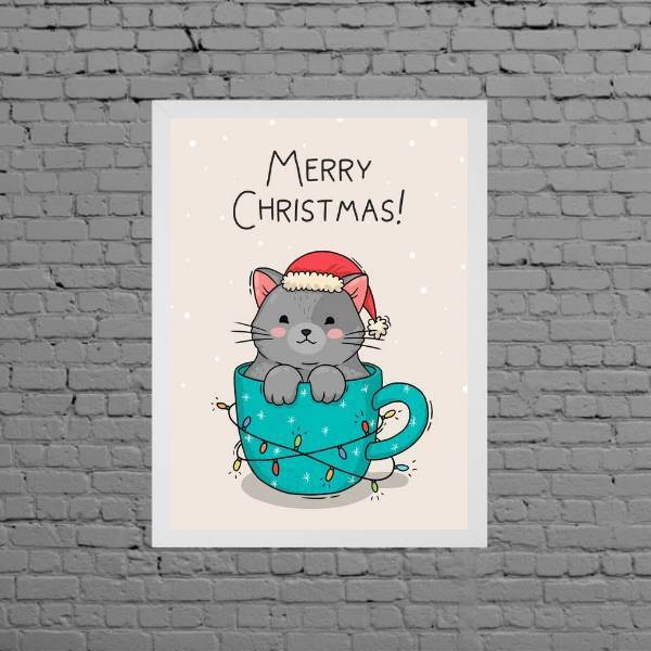 Quadro Decorativo Gatinho Merry Christmas 33x24cm Moldura:mad