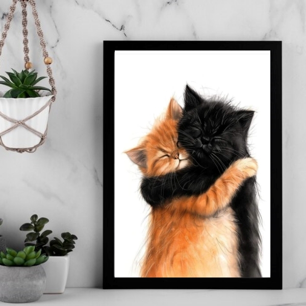 Quadro Decorativo Gatinhos Abraçados 45x34cm Moldura Preta