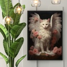 Quadro Decorativo Gato Anjo Floral 33x24cm - Com Vidro Moldur