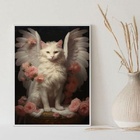 Quadro Decorativo Gato Anjo Floral 45x34cm - Com Vidro Moldur