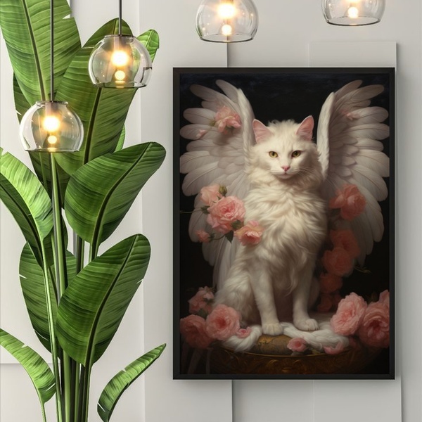 Quadro Decorativo Gato Anjo Floral 45x34cm - Com Vidro Moldur
