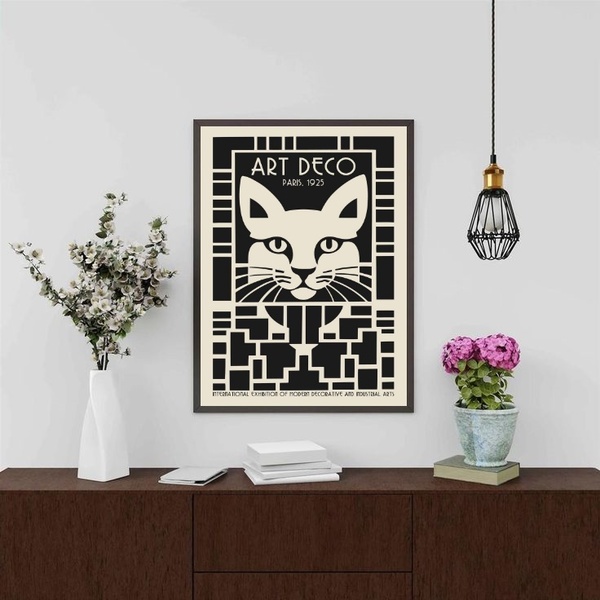 Quadro Decorativo Gato - Art Deco 33x24cm - Com Vidro Moldura