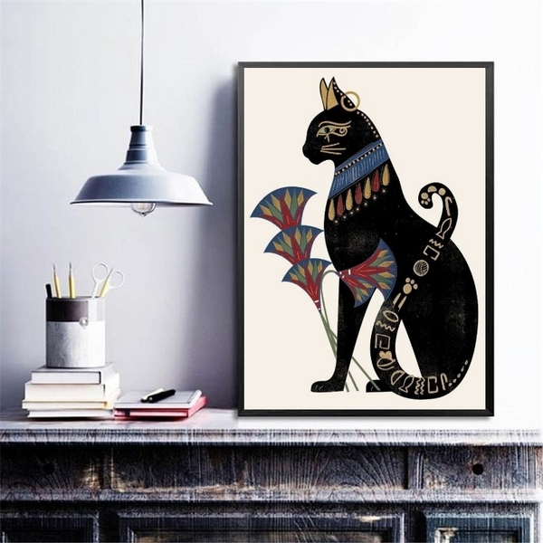 Quadro Decorativo Gato Bastet Com Flor De Lotus 45x34cm - Com