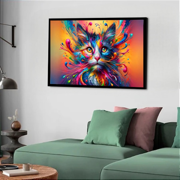 Quadro Decorativo Gato Bigode Colorido  - 50x70cm Moldura Bra