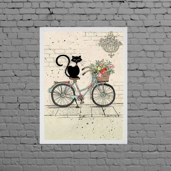 Quadro Decorativo Gato Com Bicicleta 45x34cm - Com Vidro Mold