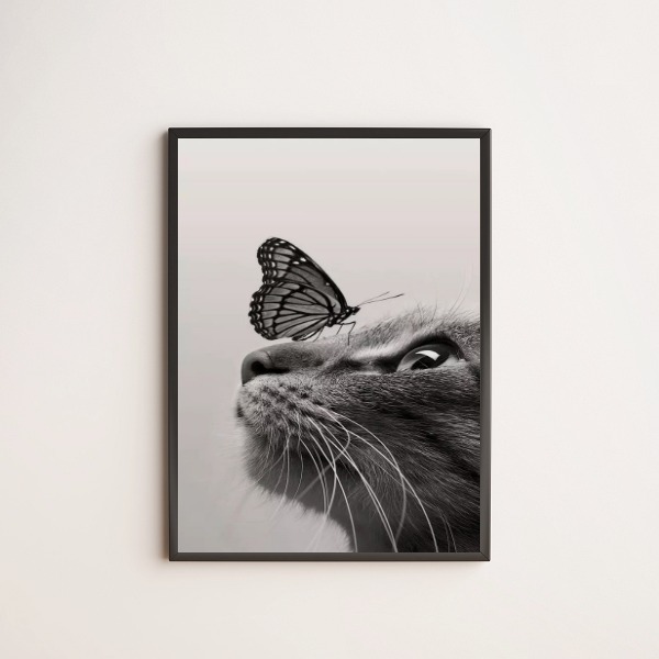 Quadro Decorativo Gato Com Borboleta 24x18cm Moldura:madeira