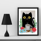 Quadro Decorativo Gato Com Caneca de café 45x34cm Moldura:mad