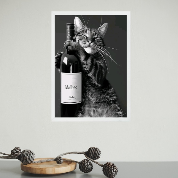 Quadro Decorativo Gato Com Garrafa De Vinho 24x18cm - Com Vid
