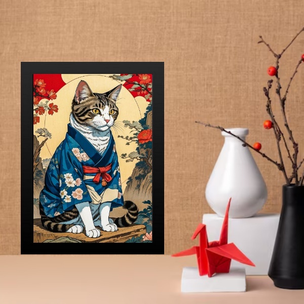 Quadro Decorativo Gato Com Kimono Oriental 24x18cm - Com Vidr